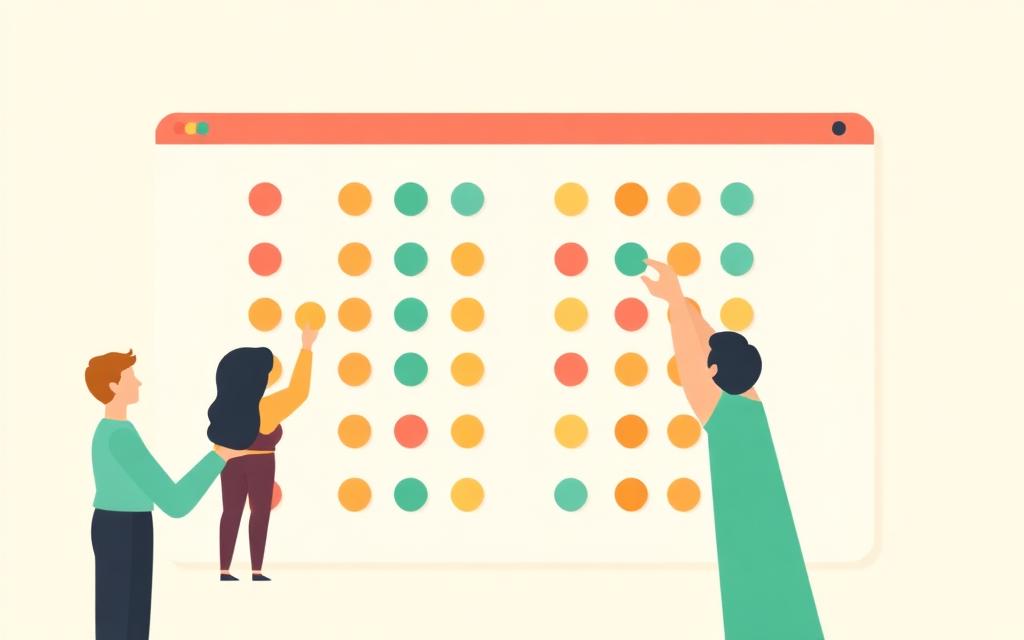 Illustration of people placing dot stickers to vote