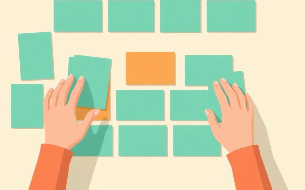 Illustration of hands sorting cards into groups