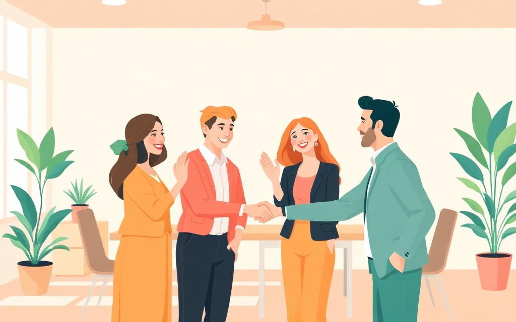 Illustration of colleagues meeting and greeting each other