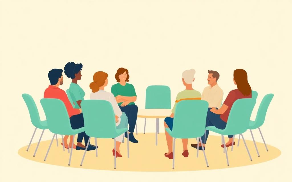 Illustration of a group seated in a circle, talking