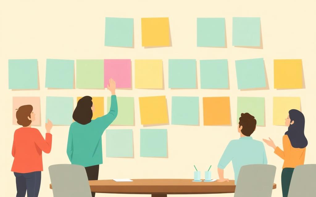 Illustration of people posting sticky notes on a wall