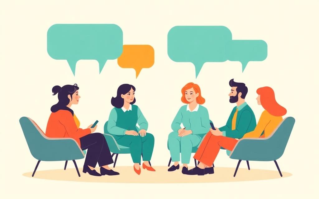 Illustration of a group discussion with speech bubbles