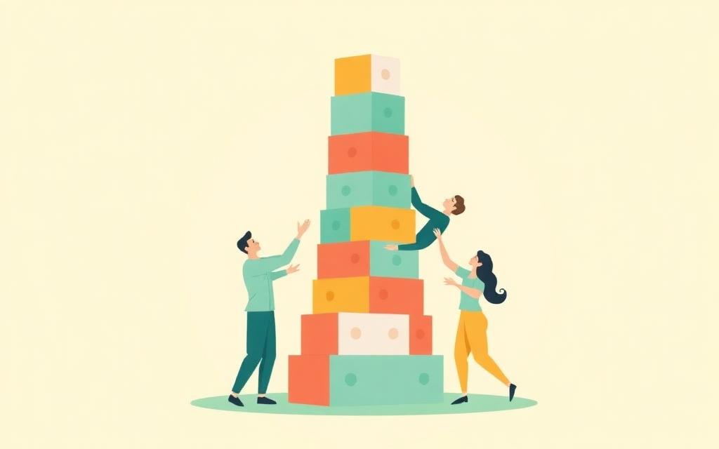 Illustration of a team building a tower together